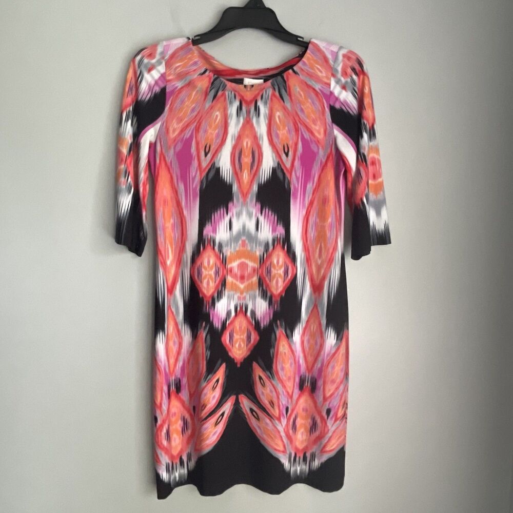 Chico's Dress Size 1 US 8 Orange Knee Length Pullover Shift Watercolor Fall